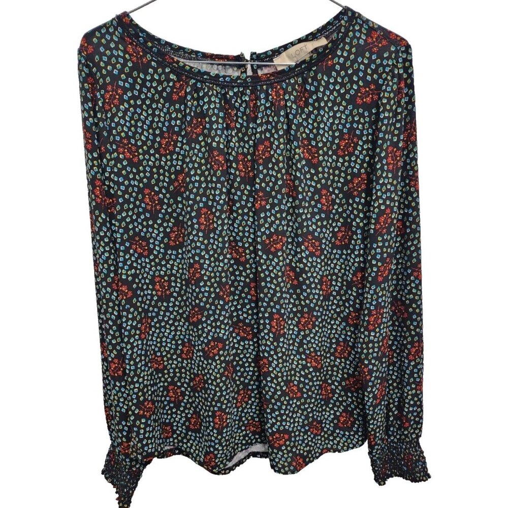 Loft BOHO Blouse Top Womens Medium Black Red Floral Smocked Long Sleeve